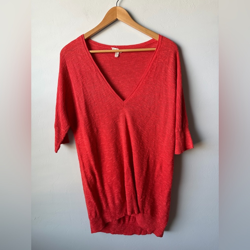 Eileen Fisher Bright Red/Orange V-Neck  Oversized Tight Knit Jersey Top Minimali